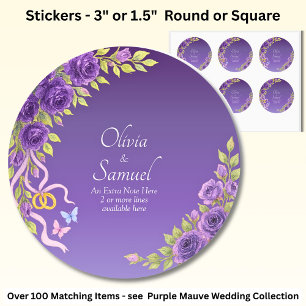 Note + Bride Groom Names Purple Mauve Flowers Classic Round Sticker