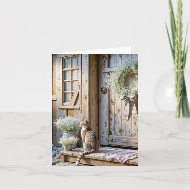 Note Card Farmhouse Cat With Baby's Breath Wreath (Front)