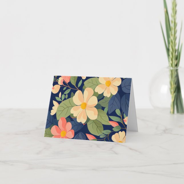 Note Card Navy Peach Pink Floral Botanical (Front)
