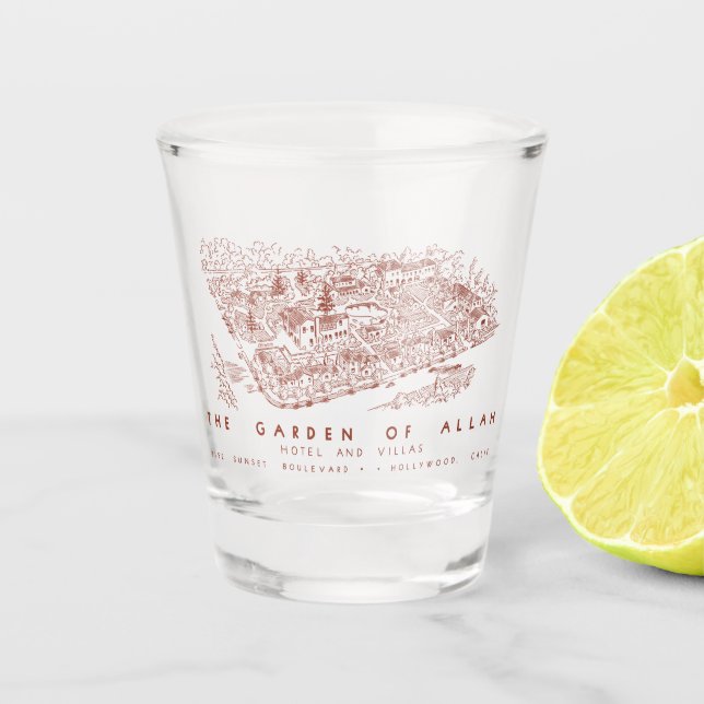 Note card of Garden of Allah Hotel, Hollywood Shot Glass (Front)
