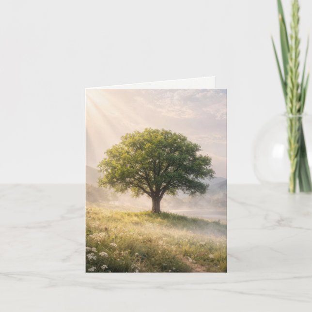 Note Card Solitary Green Tree with Sunbeams (Front)