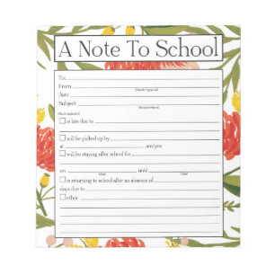 Note to Teacher Notepad, School Absence Excuse