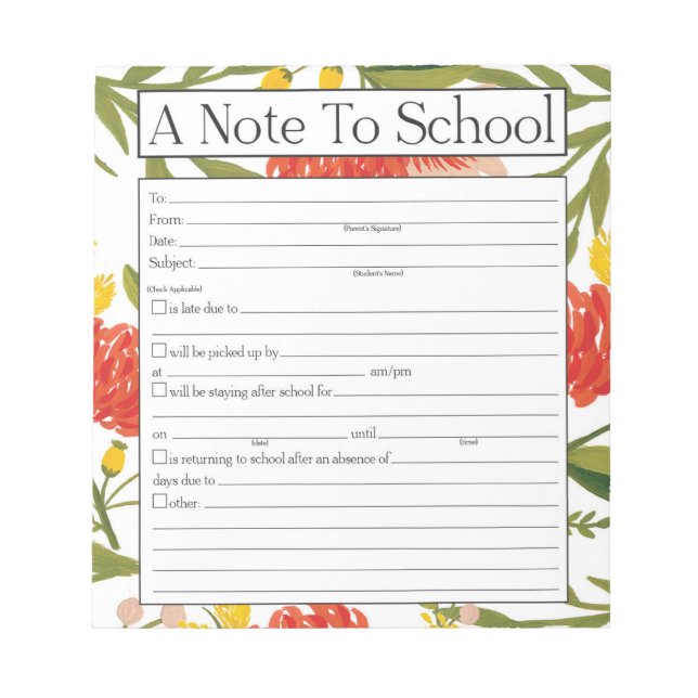 Note to Teacher Notepad, School Absence Excuse (Front)