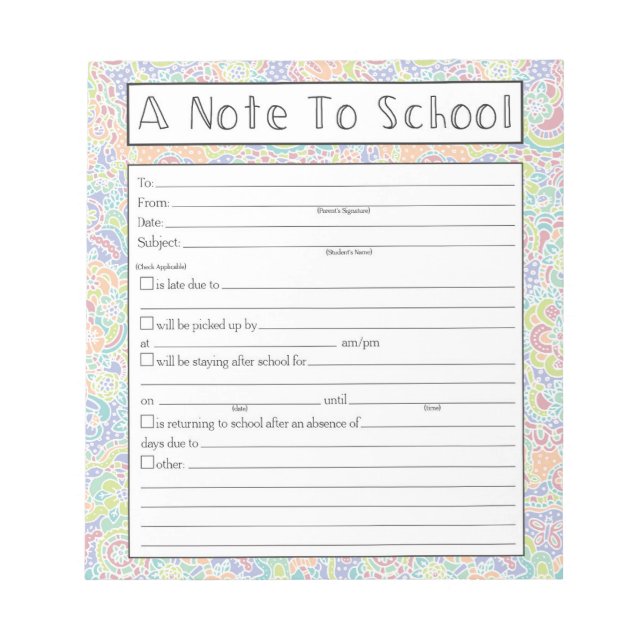 Note to Teacher Notepad, School Absence Excuse (Front)