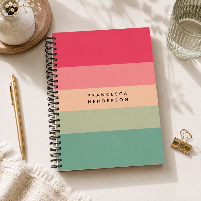Notebook | Colourful Stripe Spiral Journal Book (Personalized colorful notebook with custom name for notes, ideas, journaling, and school.)