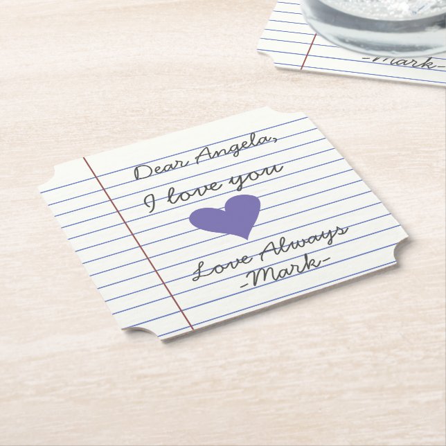Notebook handwritten love letter or message custom paper coaster (Angled)