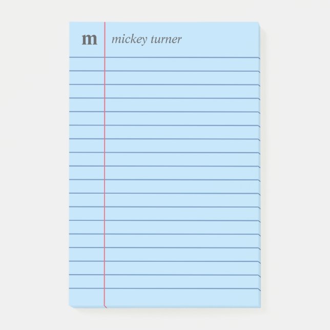 Notebook Paper Blue Add Your Name & Initial Post-it Notes (Front)