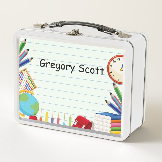 Notebook Paper School Supply Theme Kids Metal Lunch Box (Front)