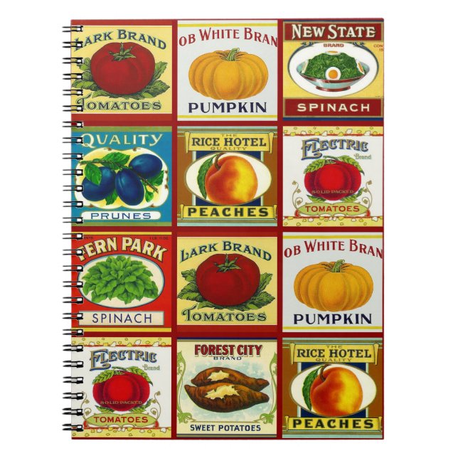 Notebook Vintage Retro Canned Fruit Veggie Labels (Front)