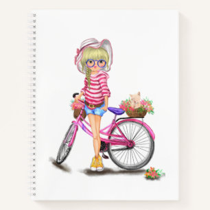 Notebook with Blonde Girl and Pink Bike