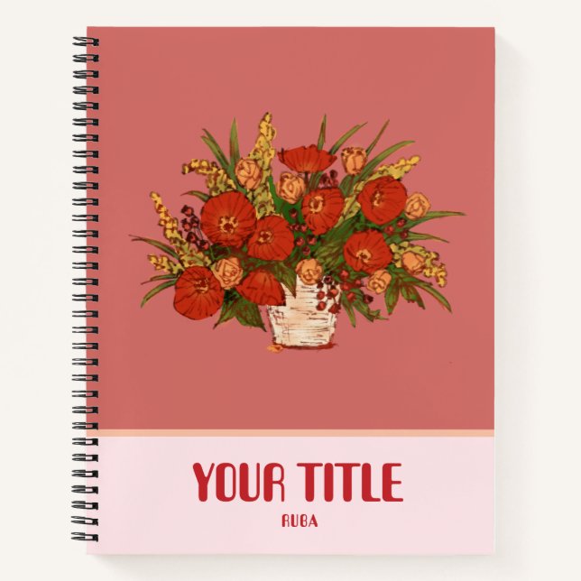 Notebook with bold-coloured hand-drawn red flowers (Front)