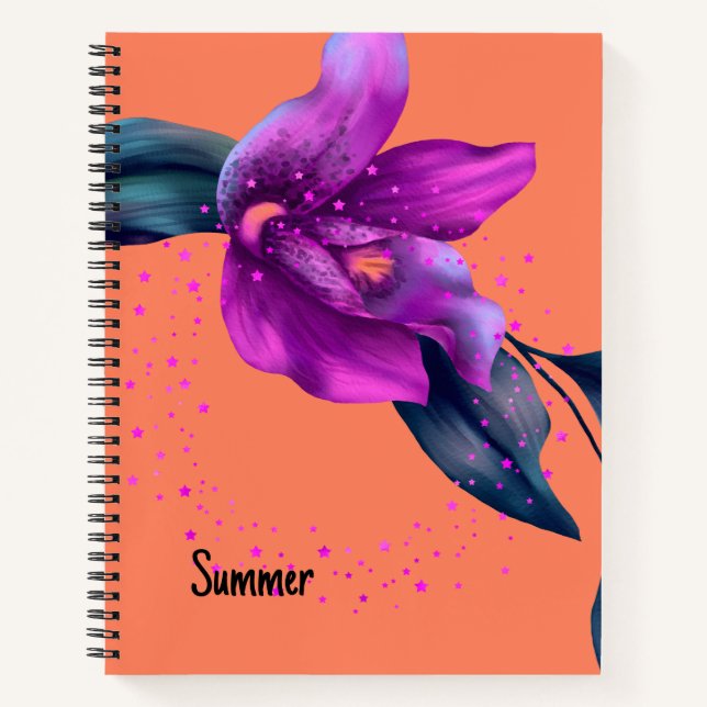 Notebook with Purple Orchid Design on Orange (Front)