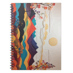 Notebook with Vibrant Flowers, Sun, and Hills