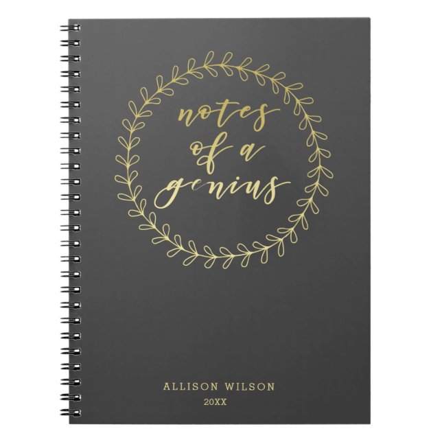 Notes of a Genius, Gold Script Typography Notebook (Front)