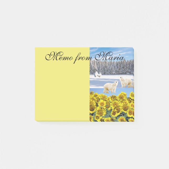 Notes Post it Notes, Sunflower Polar Bear Floral (Front)