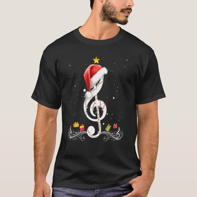 Notes Treble Clef Santa Hat Tree Christmas Lights  T-Shirt (Front)