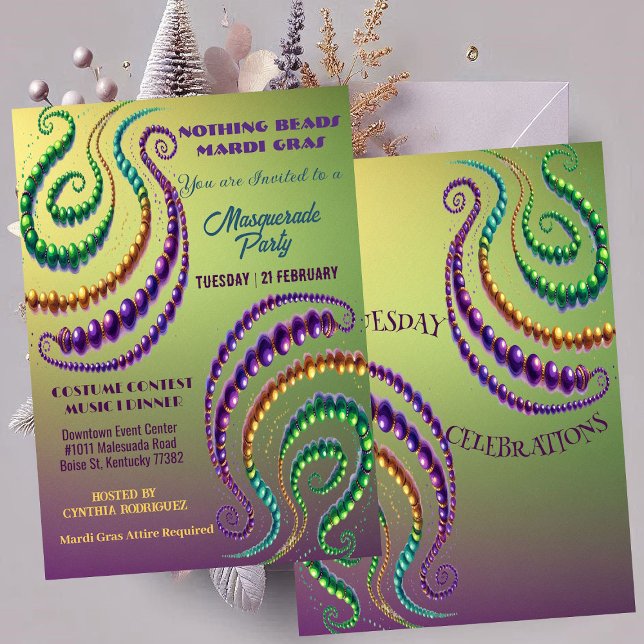 Nothing Beads Mardi Gras Colours Masquerade Party  Invitation (Nothing Beads Mardi Gras Colors Masquerade Party Invitation)