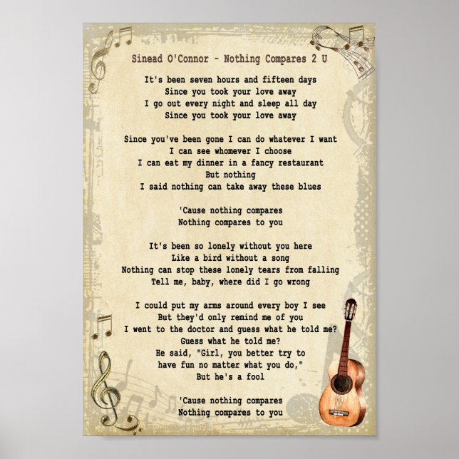 Nothing Compares 2 U Song Lyric Vintage Print (Front)