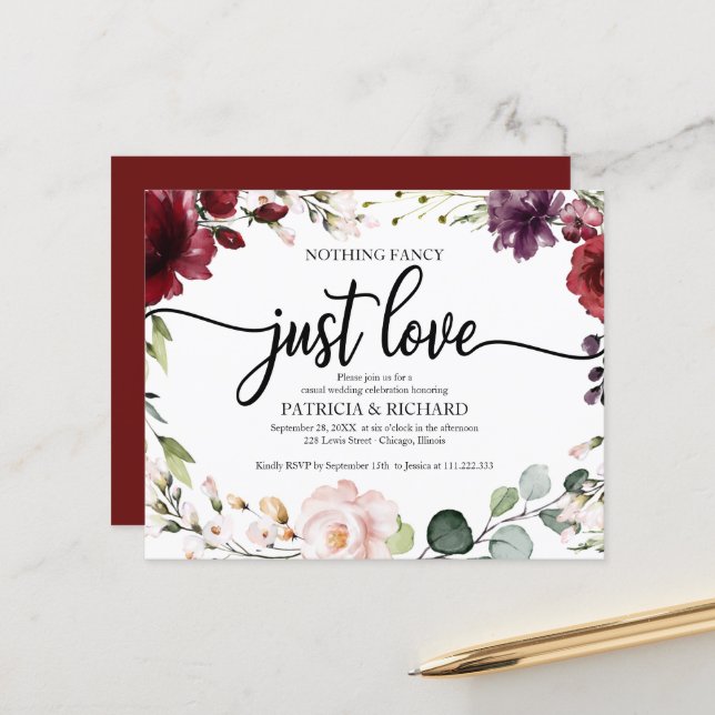 Nothing Fancy Budget Wedding Invitations Burgundy  (Front/Back In Situ)