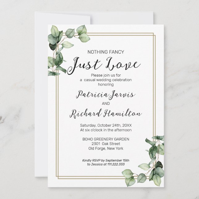 Nothing Fancy Gold Frame Greenery Wedding Invitation (Front)