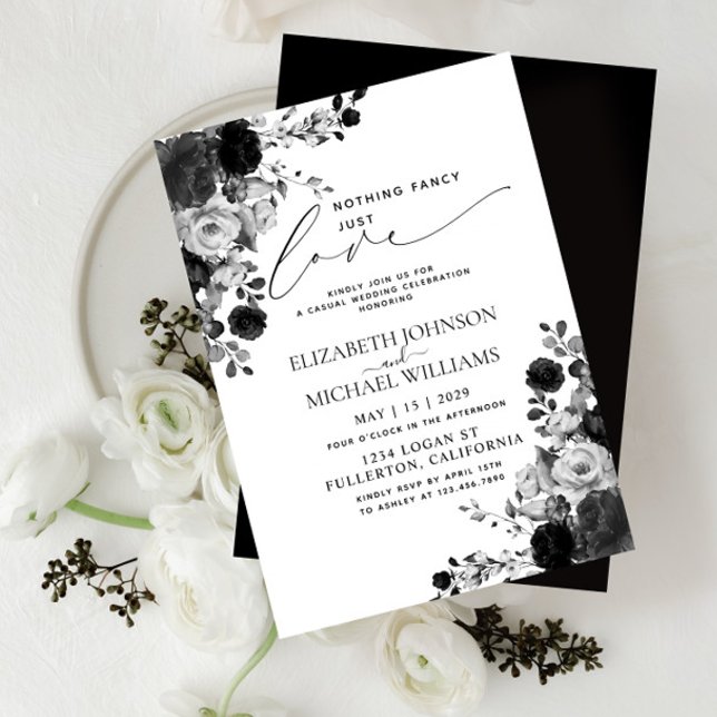 Nothing Fancy Just Love Black Flowers Wedding Invitation (Creator Uploaded)