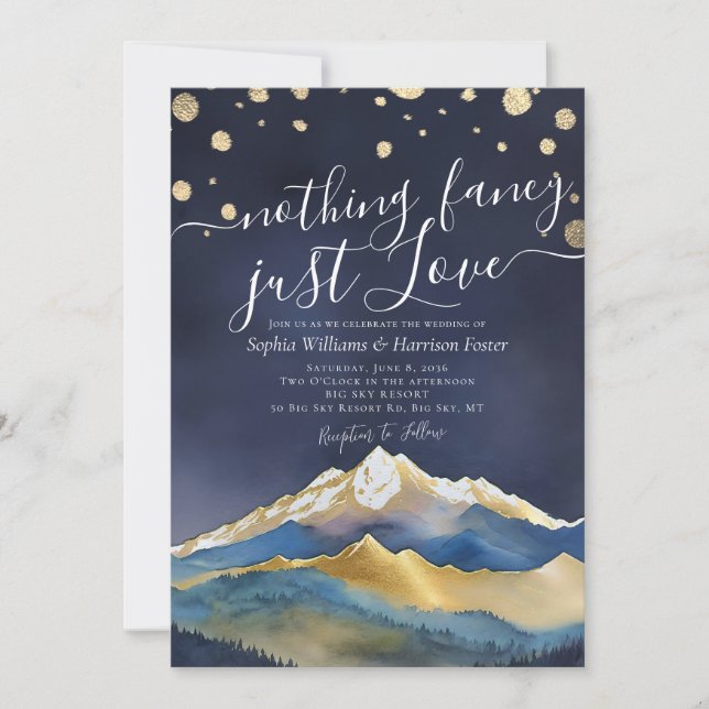 Nothing Fancy Just Love Blue Gold Mountain Wedding Invitation (Front)
