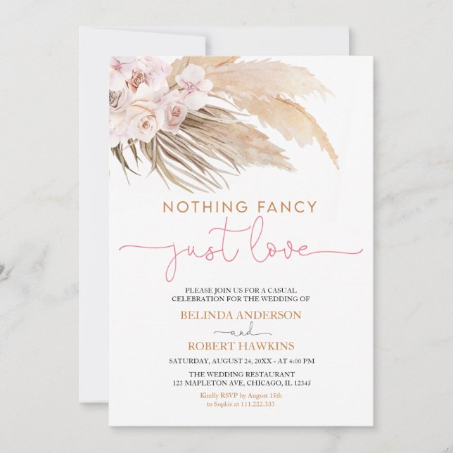 Nothing Fancy Just Love Boho Pampas Grass Wedding Invitation (Front)