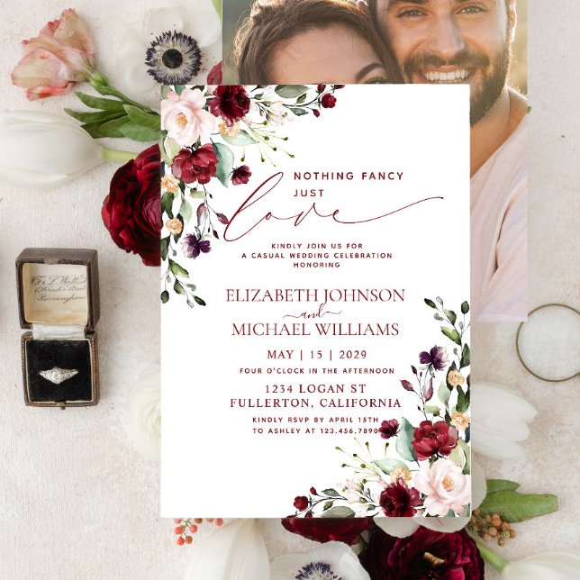 Nothing Fancy Just Love Burgundy Photo Wedding Invitation (Creator Uploaded)