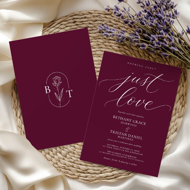 Nothing Fancy Just Love Burgundy Wedding Script Invitation (Creator Uploaded)