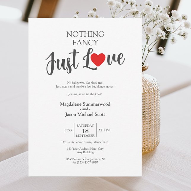 Nothing Fancy Just Love Casual Red Heart Wedding Invitation (Creator Uploaded)