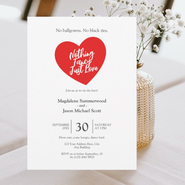 Nothing Fancy Just Love Casual Red Heart Wedding Invitation (Creator Uploaded)