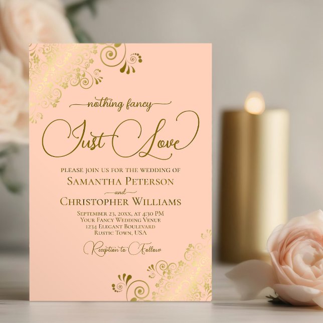 Nothing Fancy Just Love Coral Peach & Gold Wedding Invitation (Creator Uploaded)