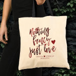 Nothing Fancy Just Love | Dark Crimson Red Wedding Tote Bag<br><div class="desc">A beautifully designed minimal hand lettered wedding, anniversary, engagement, or elopement typography thats perfect for your simple or small reception, party or celebration with a modern handwritten script and heart. For customisations or other colours, please visit the store JustFharryn @ Zazzle or contact the designer, Fharryn, c/o Fharryn@yahoo.com #bohochic #zazzlemade...</div>