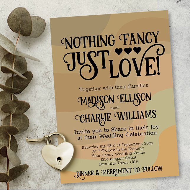 Nothing Fancy Just Love Earthtone Retro Wedding Invitation (In Situ with Eucalyptus and Heart)