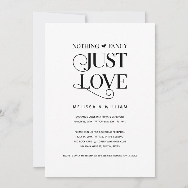Nothing Fancy, Just Love, Elegant Black, Elopement Invitation (Front)