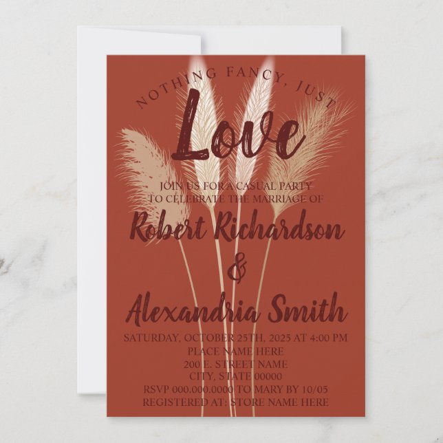 Nothing Fancy Just Love Elopement Pampas Grass Invitation (Front)