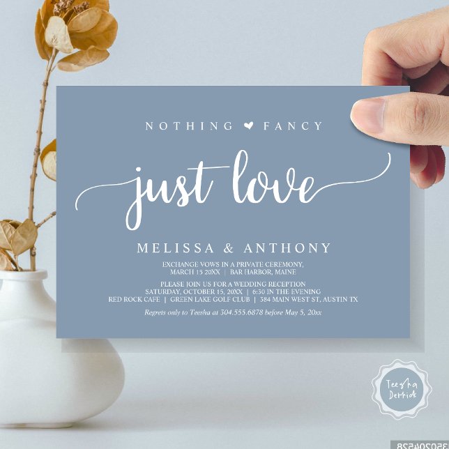 Nothing Fancy Just Love, Elopement, Rustic Wedding Invitation (Nothing Fancy Just Love, Elopement, Rustic Script Wedding Invitation Card, in Dusty Blue)