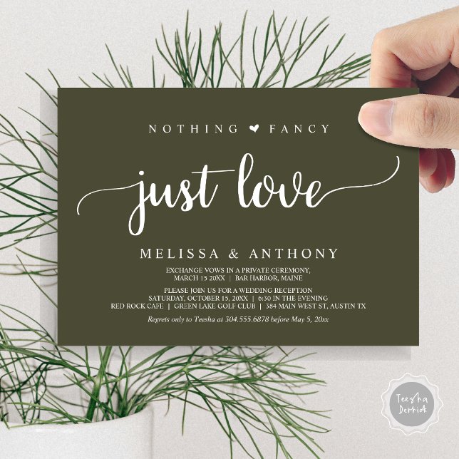 Nothing Fancy Just Love, Elopement, Rustic Wedding Invitation (Nothing Fancy Just Love, Elopement, Rustic Script Wedding Invitation Card, in Olive Green)
