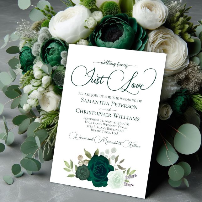 Nothing Fancy Just Love Emerald Boho Roses Wedding Invitation (Creator Uploaded)