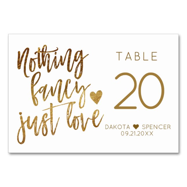 Nothing Fancy Just Love | Gold Heart Micro Wedding Table Number (Front)