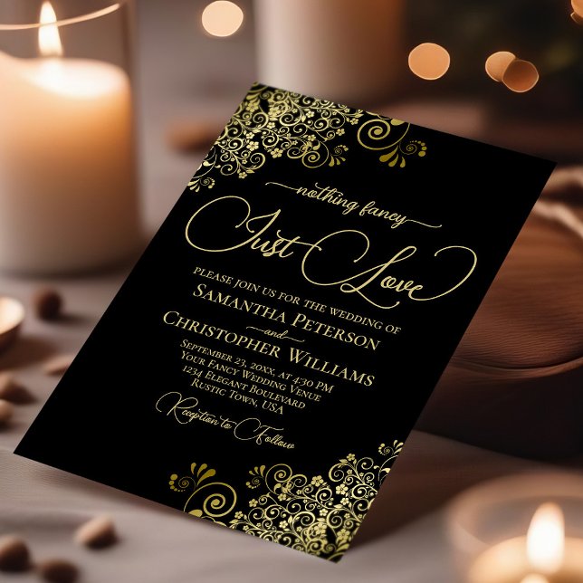 Nothing Fancy Just Love Lacy Gold & Black Wedding Invitation (Creator Uploaded)