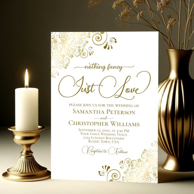 Nothing Fancy Just Love Lacy Gold & White Wedding Invitation (Creator Uploaded)