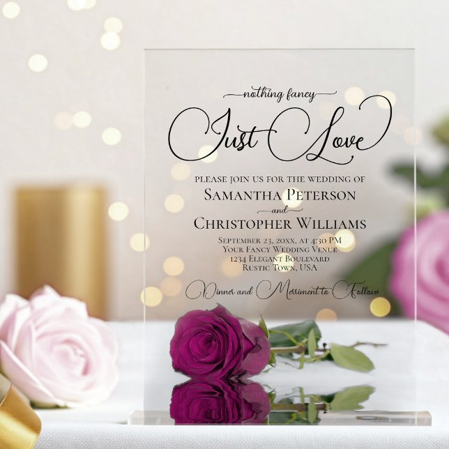 Nothing Fancy Just Love Magenta Plum Rose Wedding Acrylic Invitations (Clear Acrylic with Rectangle Cut)