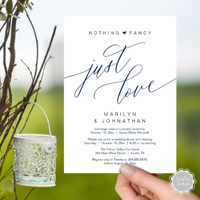 Nothing Fancy Just Love Minimalist Wedding Dinner Invitation (Nothing Fancy Just Love Modern Wedding Reception Dinner Invitation Card in Navy Blue)