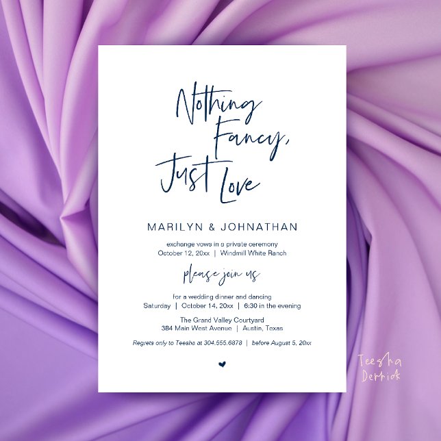 Nothing Fancy Just Love Minimalist Wedding Dinner Invitation (Nothing Fancy Just Love Minimalist Wedding Dinner Invitation Card in navy blue)