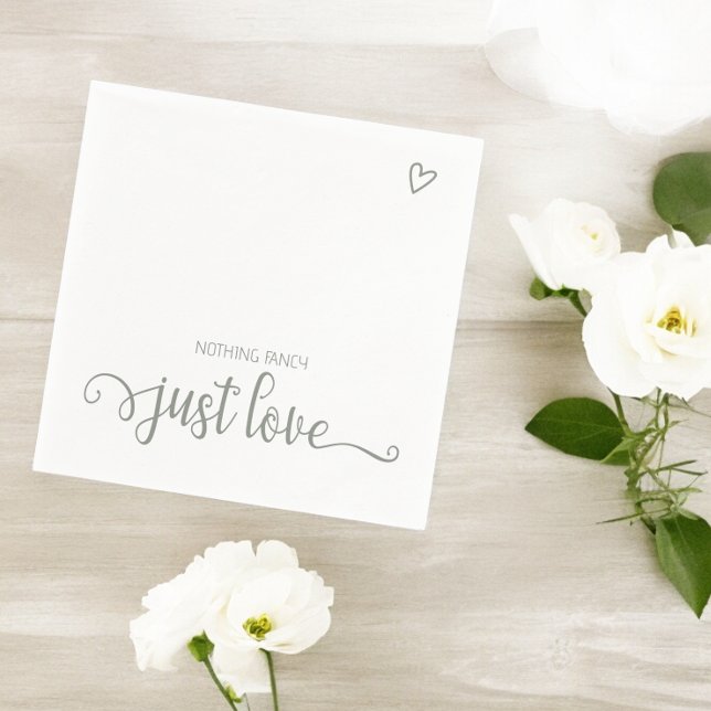 Nothing Fancy Just Love Minimalist Wedding Napkin (Nothing Fancy Just Love Minimalist Wedding Napkins from Ricaso in sage green typography with heart)