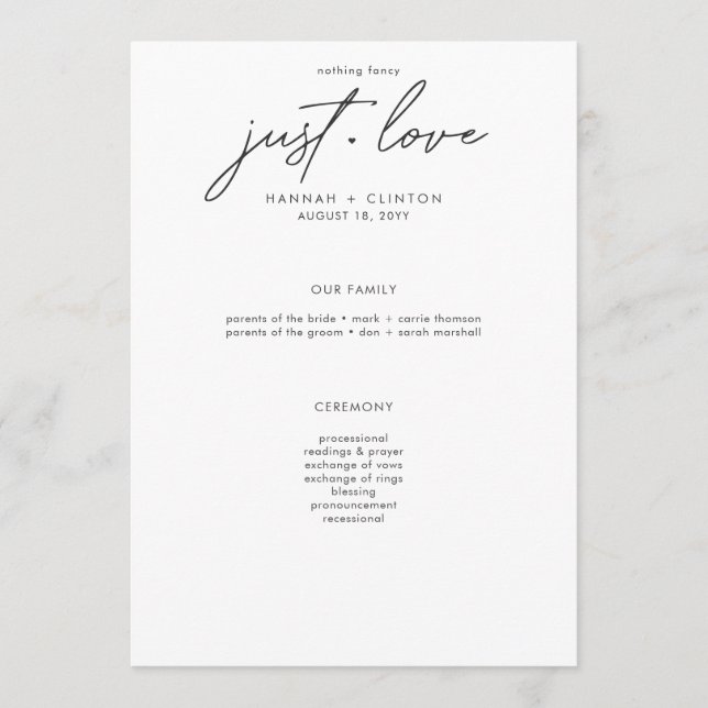 Nothing Fancy Just Love Minimalist Wedding Programme (Front)