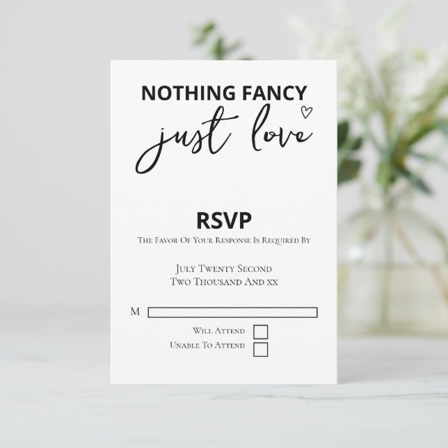 Nothing Fancy Just Love Minimalist Wedding RSVP Card (Standing Front)