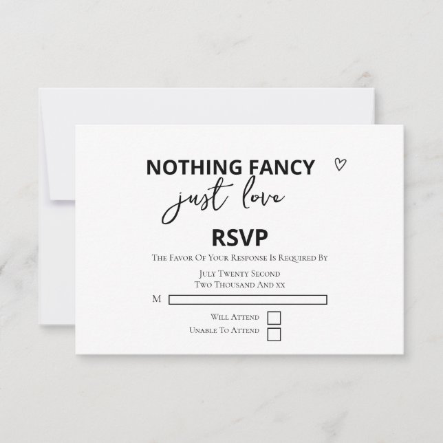 Nothing Fancy Just Love Minimalist Wedding RSVP Card (Front)