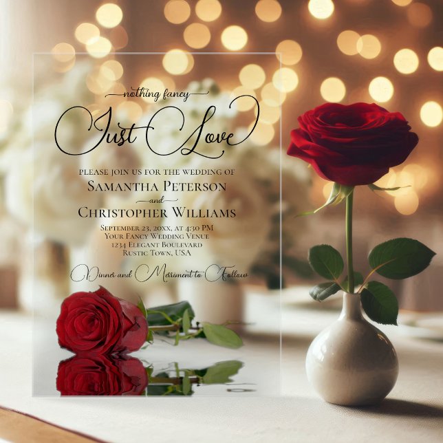 Nothing Fancy Just Love Mirrored Red Rose Wedding Acrylic Invitations (Clear Acrylic with Rectangle Cut)